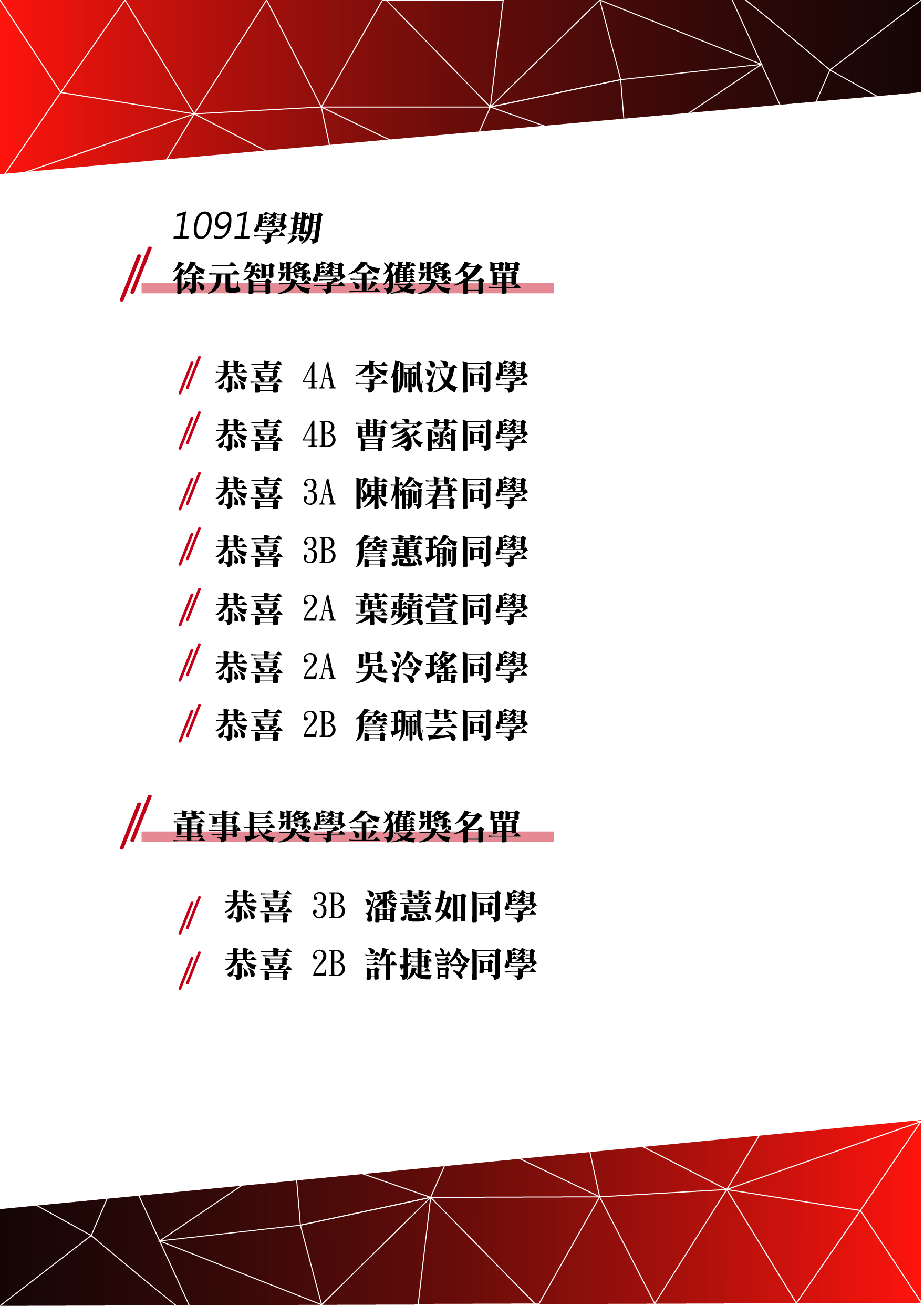 1091學期 徐元智獎學金及董事長獎學金獲獎名單